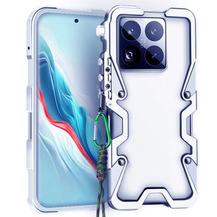 

For Xiaomi 15 Pro Trigger Design Hollow Metal Frame Phone Case with Lanyard(Silver)