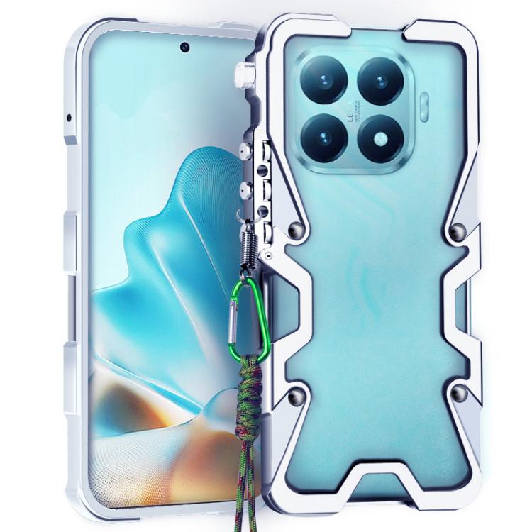 

For Xiaomi 15T Pro Trigger Design Hollow Metal Frame Phone Case with Lanyard(Silver)