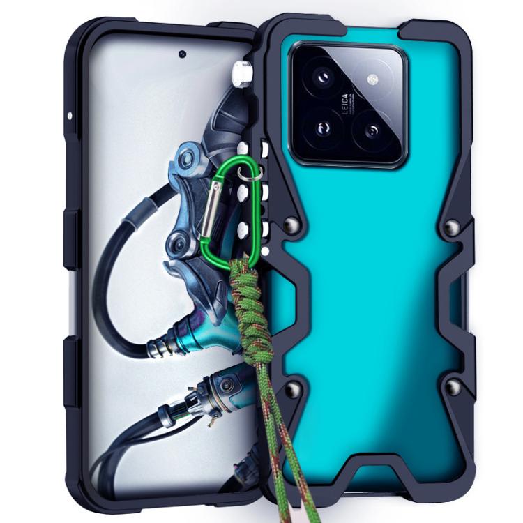 

For Xiaomi 14 Pro Trigger Design Hollow Metal Frame Phone Case with Lanyard(Black)