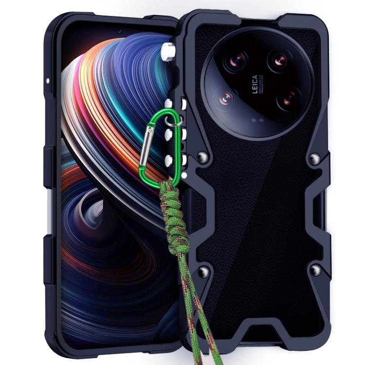 

For Xiaomi 14 Ultra Trigger Design Hollow Metal Frame Phone Case with Lanyard(Black)