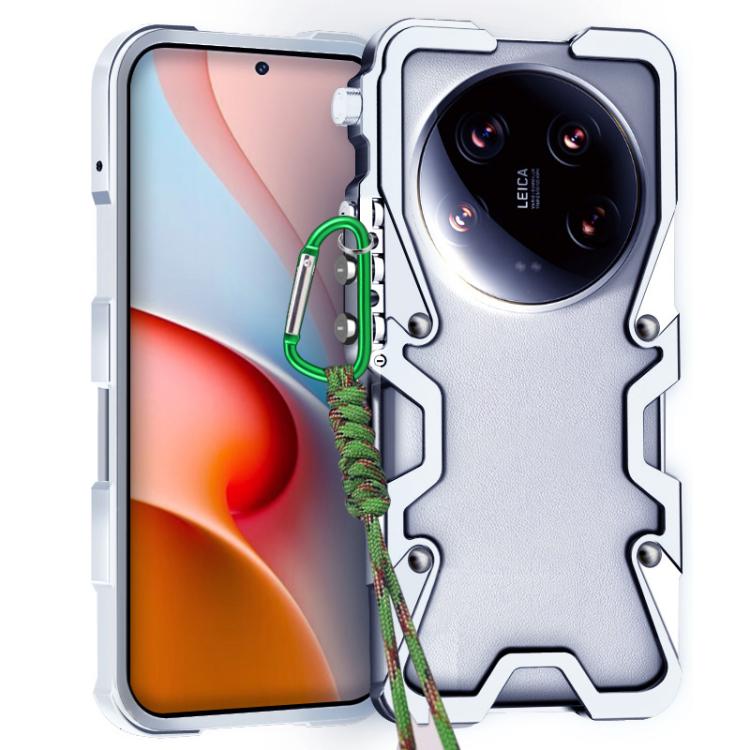 

For Xiaomi 14 Ultra Trigger Design Hollow Metal Frame Phone Case with Lanyard(Silver)