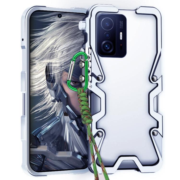 

For Xiaomi 11T Pro Trigger Design Hollow Metal Frame Phone Case with Lanyard(Silver)