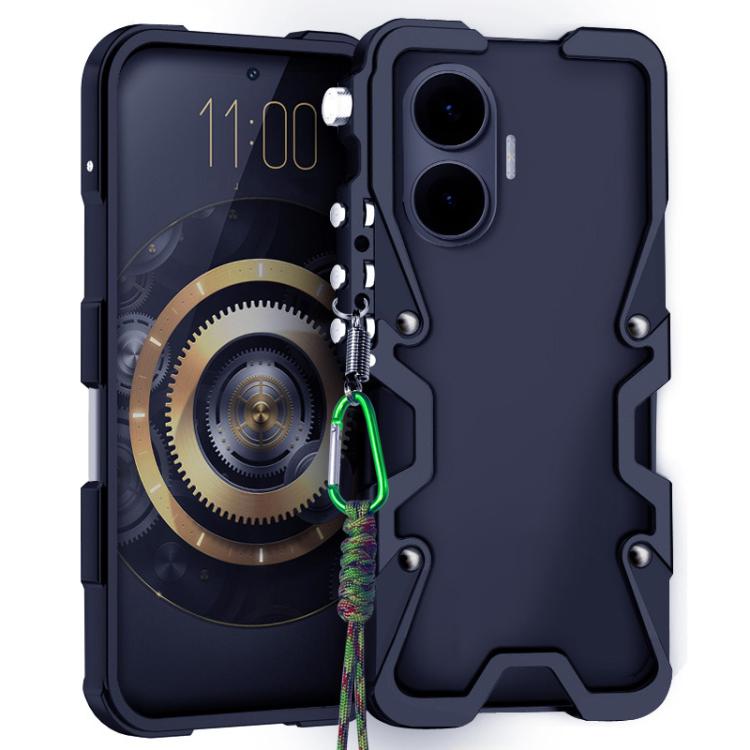 

For Redmi Turbo 4 Pro Trigger Design Hollow Metal Frame Phone Case with Lanyard(Black)