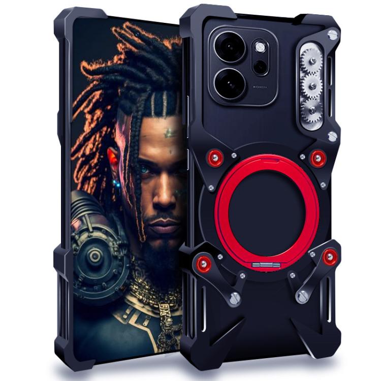 

For OPPO Reno14 F 5G Global Rotating Bracket Hollow Metal Phone Case with Lanyard(Black)