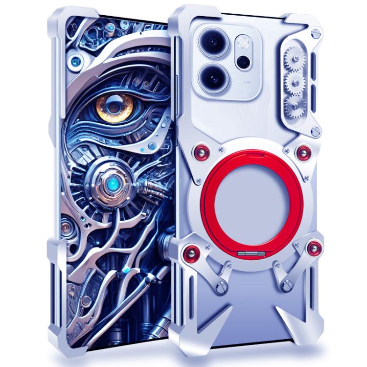 

For OPPO Reno14 F 5G Global Rotating Bracket Hollow Metal Phone Case with Lanyard(Silver)