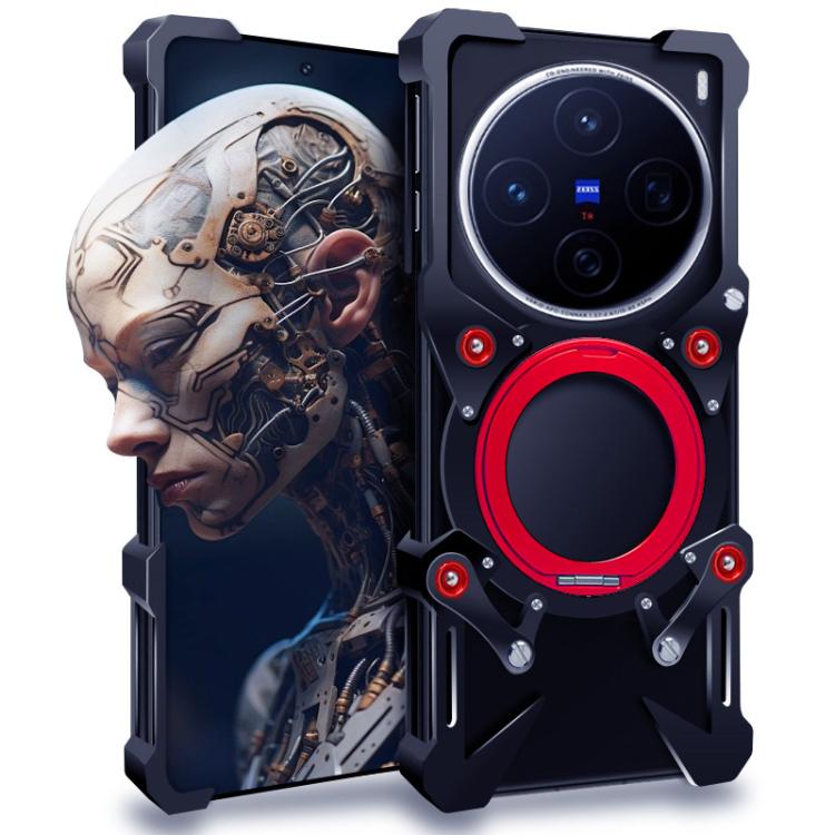 

For vivo X200 Rotating Bracket Hollow Metal Phone Case with Lanyard(Black)