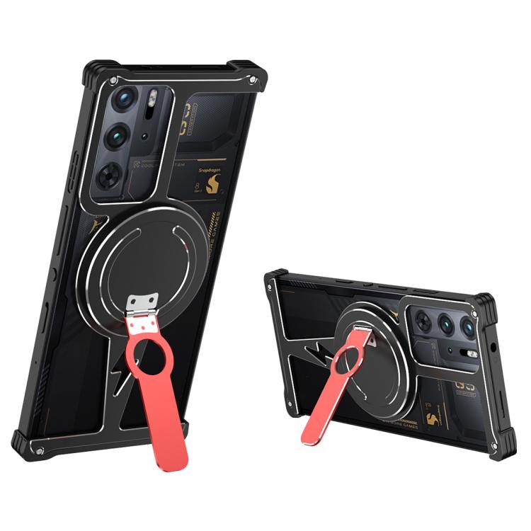 

For ZTE nubia RedMagic 10 Pro / 9 Pro Hollow Borderless MagSafe Aluminum Alloy Phone Case with Detachable Rotation Holder(Black Silver)