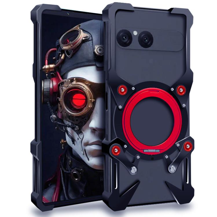 

For Sony Xperia 10 VII Rotating Bracket Hollow Metal Phone Case with Lanyard(Black)