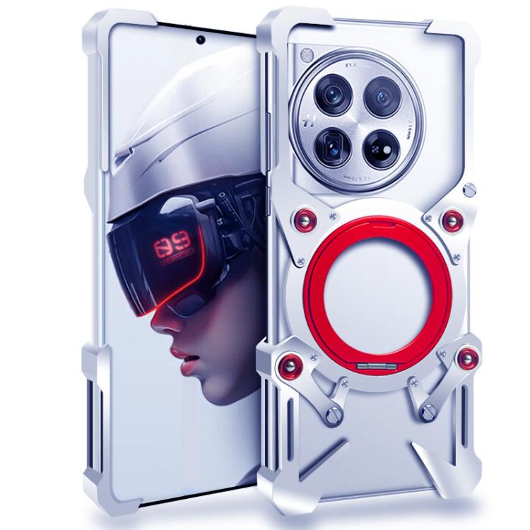 For OnePlus 12 Rotating Bracket Hollow Metal Phone Case with Lanyard(Silver)