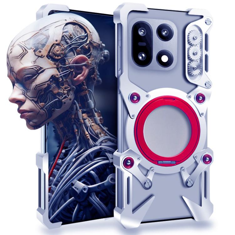 

For OnePlus 15 Rotating Bracket Hollow Metal Phone Case with Lanyard(Silver)