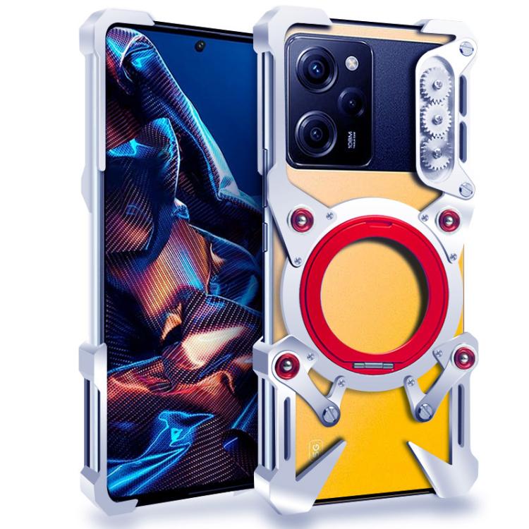 

For Xiaomi Poco X5 Pro Rotating Bracket Hollow Metal Phone Case with Lanyard(Silver)