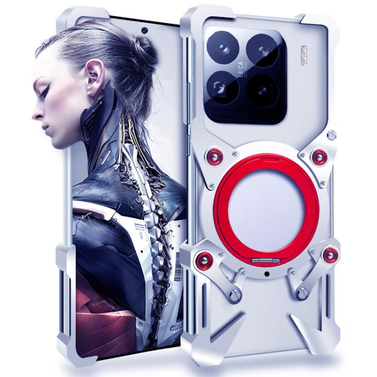 

For Xiaomi 15 Rotating Bracket Hollow Metal Phone Case with Lanyard(Silver)