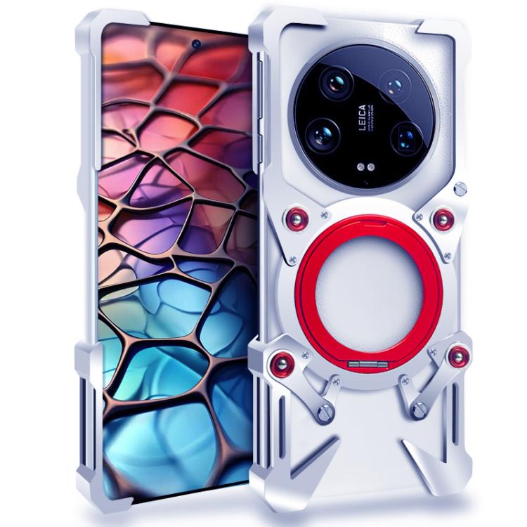 

For Xiaomi 14 Ultra Rotating Bracket Hollow Metal Phone Case with Lanyard(Silver)