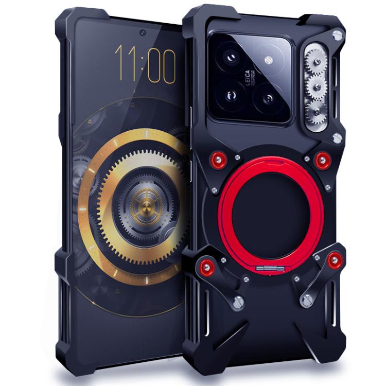 

For Xiaomi 14 Pro Rotating Bracket Hollow Metal Phone Case with Lanyard(Black)