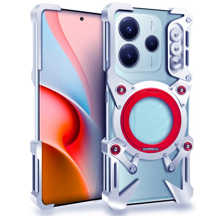 

For Redmi Note 14 5G Rotating Bracket Hollow Metal Phone Case with Lanyard(Silver)