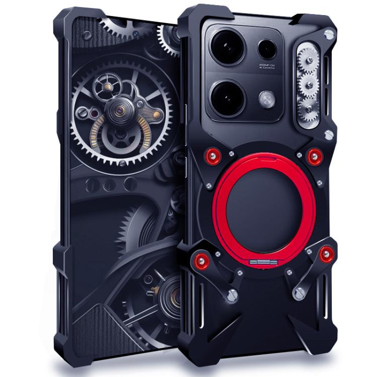 

For Redmi Note 14S 4G Rotating Bracket Hollow Metal Phone Case with Lanyard(Black)