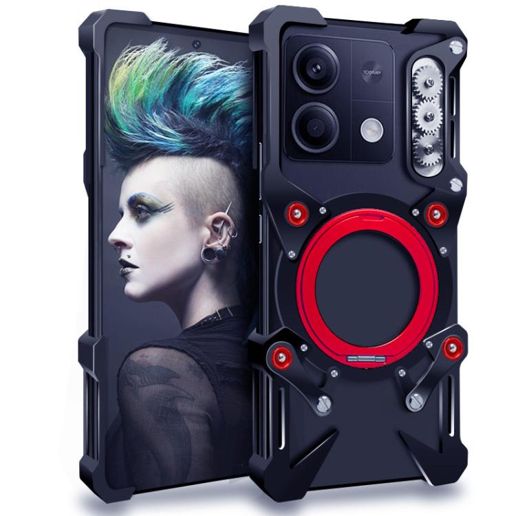 

For Redmi Note 13 5G Rotating Bracket Hollow Metal Phone Case with Lanyard(Black)