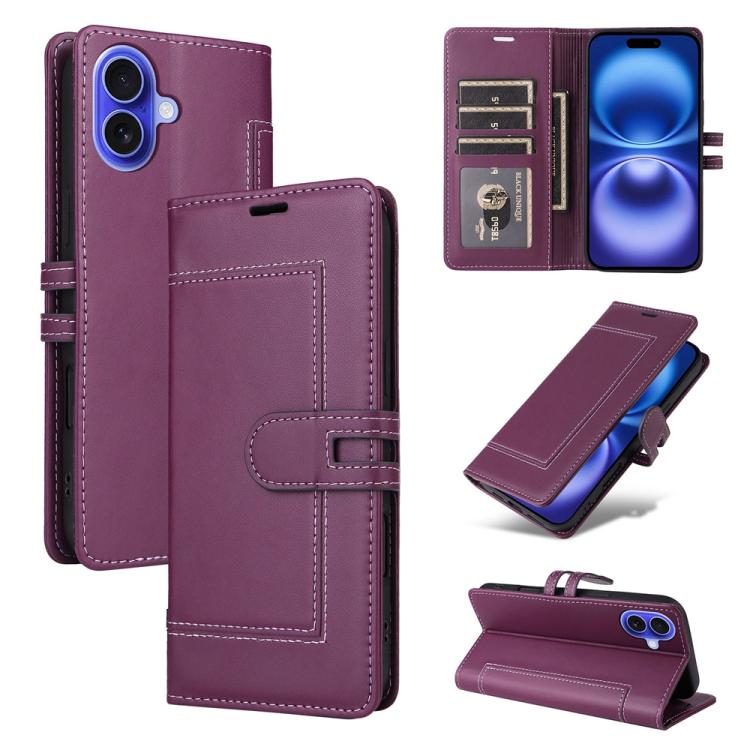 

For iPhone 16 Plus Stitched Magnetic Buckle Leather Phone Case(Purple)