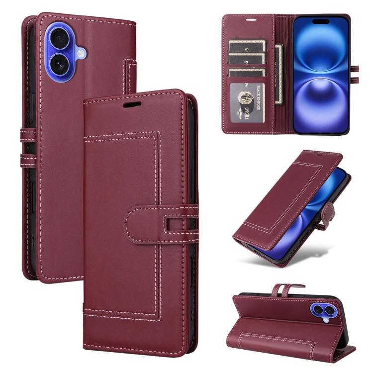 

For iPhone 16 Plus Stitched Magnetic Buckle Leather Phone Case(Red)