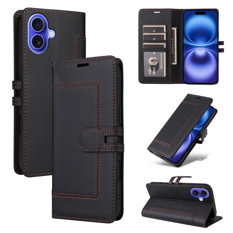 

For iPhone 16 Stitched Magnetic Buckle Leather Phone Case(Black)