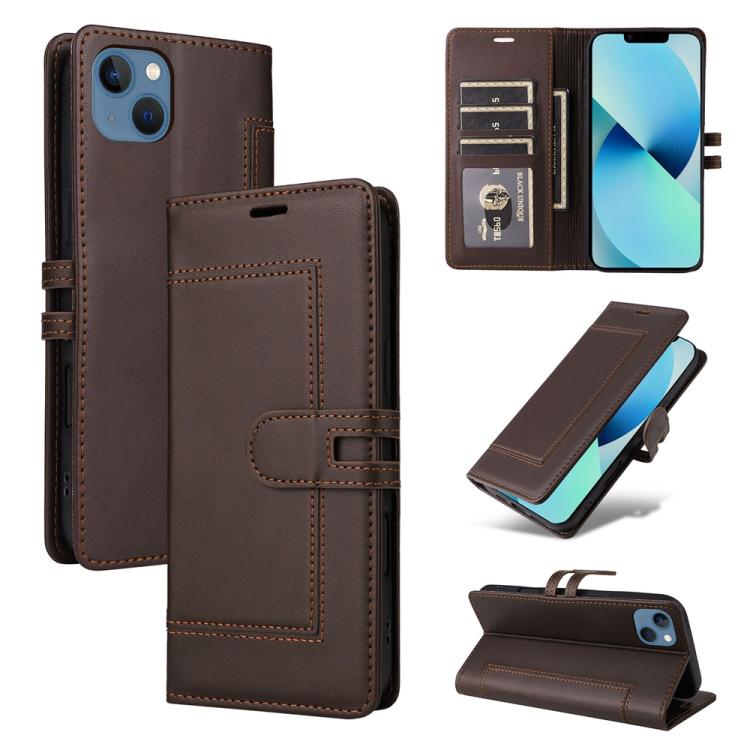 

For iPhone 15 Plus / 14 Plus Stitched Magnetic Buckle Leather Phone Case(Coffee)