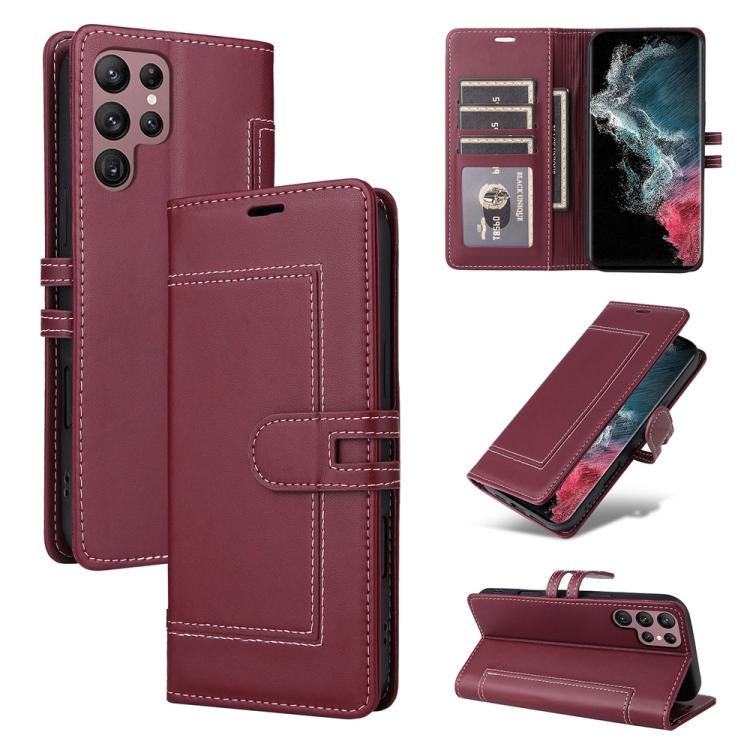 

For Samsung Galaxy S22 Ultra 5G Stitched Magnetic Buckle Leather Phone Case(Red)