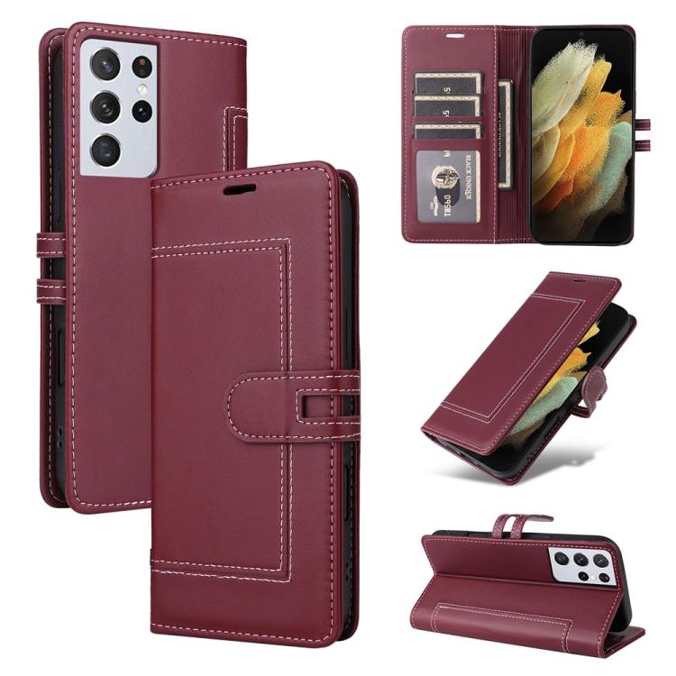 

For Samsung Galaxy S21 Ultra 5G Stitched Magnetic Buckle Leather Phone Case(Red)