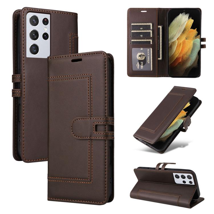 

For Samsung Galaxy S21 Ultra 5G Stitched Magnetic Buckle Leather Phone Case(Coffee)