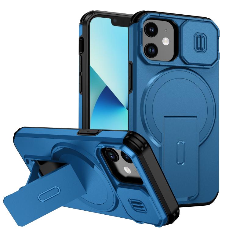 For iPhone 13 mini / 12 mini Sliding Camshield MagSafe Holder Phone Case(Blue)