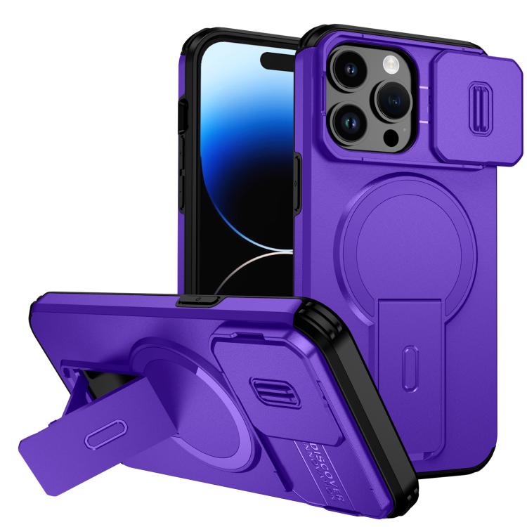 For iPhone 14 Pro Sliding Camshield MagSafe Holder Phone Case(Purple)