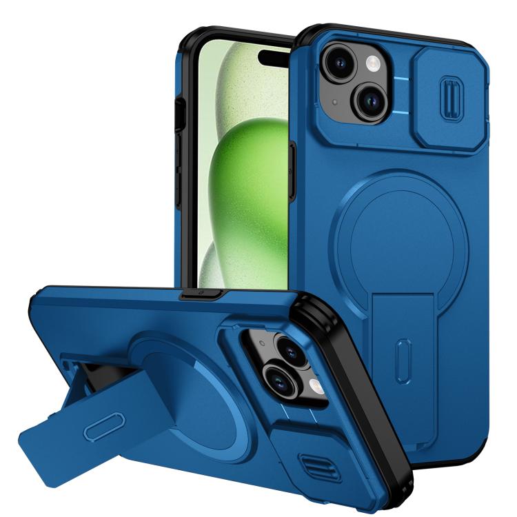 For iPhone 15 Plus / 14 Plus Sliding Camshield MagSafe Holder Phone Case(Blue)