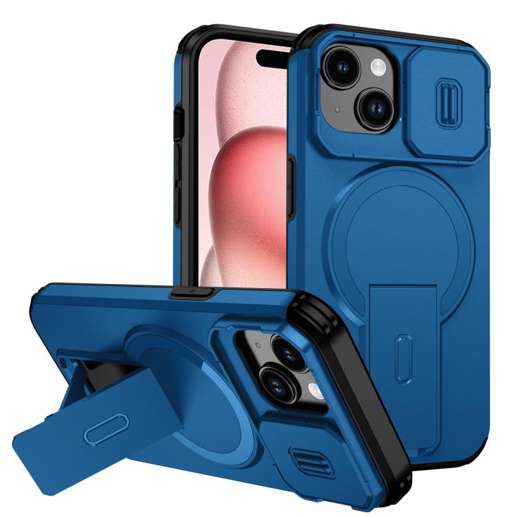 

For iPhone 15 Sliding Camshield MagSafe Holder Phone Case(Blue)