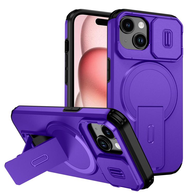 For iPhone 15 Sliding Camshield MagSafe Holder Phone Case(Purple)