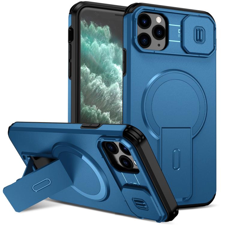 For iPhone 11 Pro Max Sliding Camshield MagSafe Holder Phone Case(Blue)
