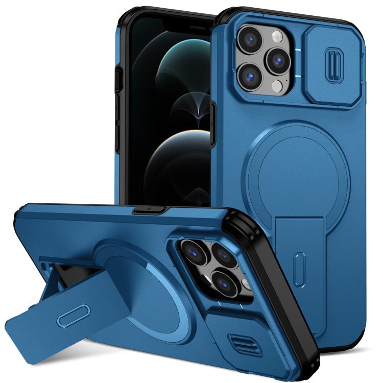 

For iPhone 12 Pro Max Sliding Camshield MagSafe Holder Phone Case(Blue)