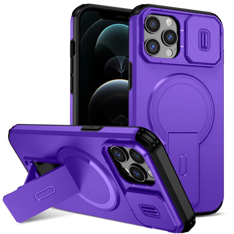 

For iPhone 12 Pro Max Sliding Camshield MagSafe Holder Phone Case(Purple)