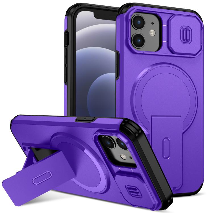 For iPhone 12 Pro / 12 Sliding Camshield MagSafe Holder Phone Case(Purple)