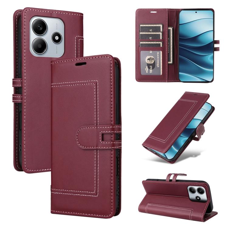 

For Redmi Note 14 4G 163.25mm Stitched Magnetic Buckle Leather Phone Case(Red)