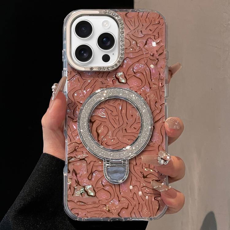 

For iPhone 16 Pro Max Ink Rhythm Colorful Shell Pattern TPU Hybrid IMD Phone Case with Glitter Holder(Brown)