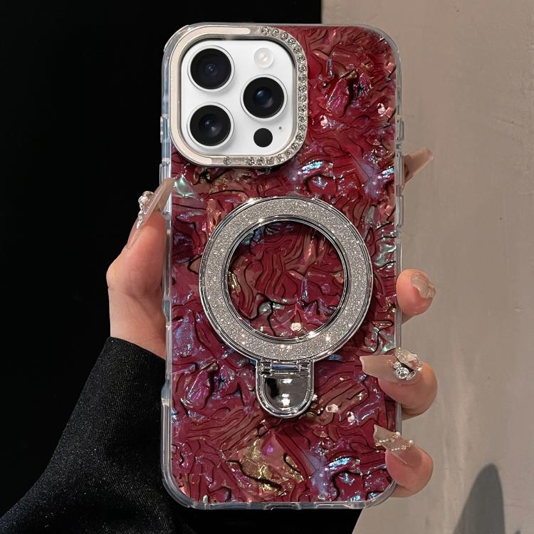 

For iPhone 16 Pro Ink Rhythm Colorful Shell Pattern TPU Hybrid IMD Phone Case with Glitter Holder(Wine Red)
