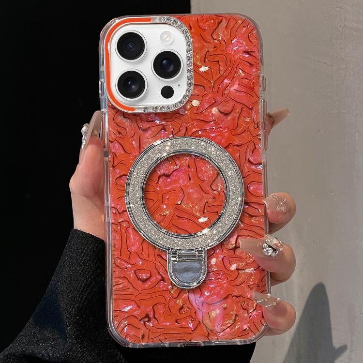 

For iPhone 14 Pro Ink Rhythm Colorful Shell Pattern TPU Hybrid IMD Phone Case with Glitter Holder(Orange)
