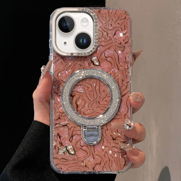 

For iPhone 14 / 13 Ink Rhythm Colorful Shell Pattern TPU Hybrid IMD Phone Case with Glitter Holder(Brown)