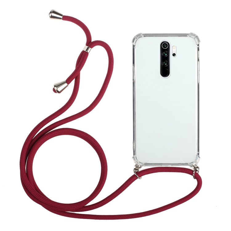

For Xiaomi Redmi 9 Four-Corner Shockproof Transparent TPU Protective Case with Lanyard(Red)