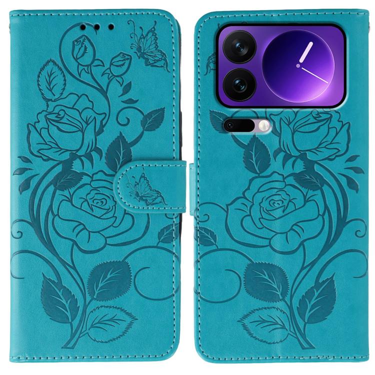 

For Xiaomi 17 Pro Rose Butterfly Embossed Leather Phone Case(Blue)