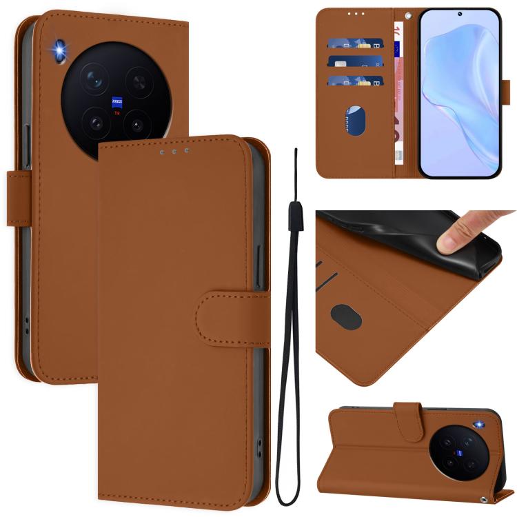 

For vivo X300 Pro Skin Feel Solid Color Leather Phone Case with Lanyard(Brown)