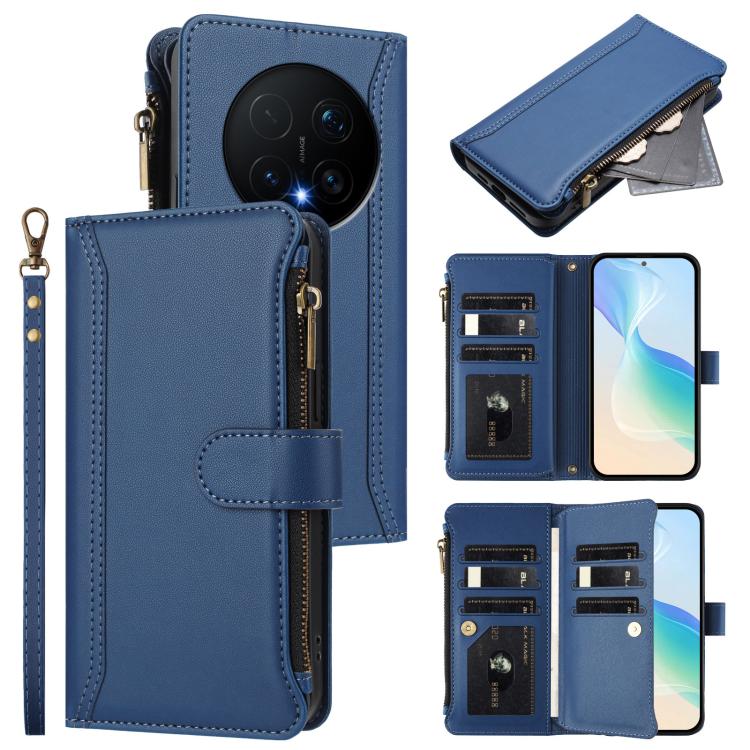 

For Honor Magic8 Pro Magnetic Closure 9 Card Slots Zipper Leather Case with Hand Strap(Dark Blue)