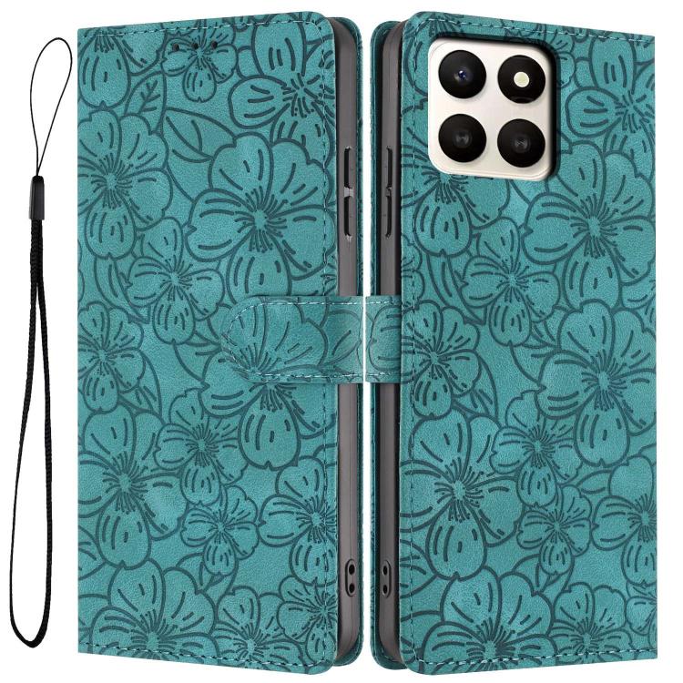 

For Honor X7d 5G Cherry Blossoms Embossed Leather Phone Case(Green)