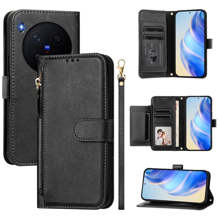 

For vivo X300 Pro Multi-Card Slots Zipper Wallet Leather Phone Case(Black)