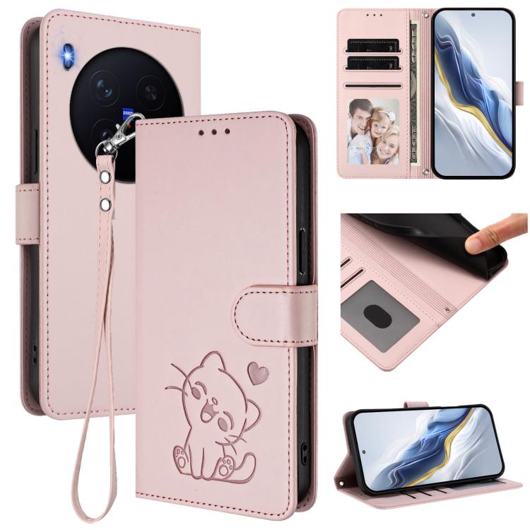 

For vivo X300 Pro Embossed Heart Cat Leather Phone Case with Hand Strap(Pink)