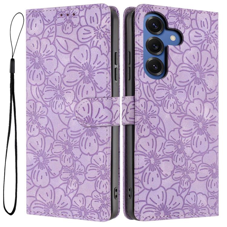 

For Samsung Galaxy S26 Pro 5G Cherry Blossoms Embossed Leather Phone Case(Purple)